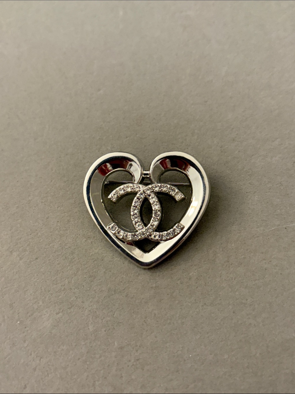 Silver Heart Logo Crystal Brooch - Silver
